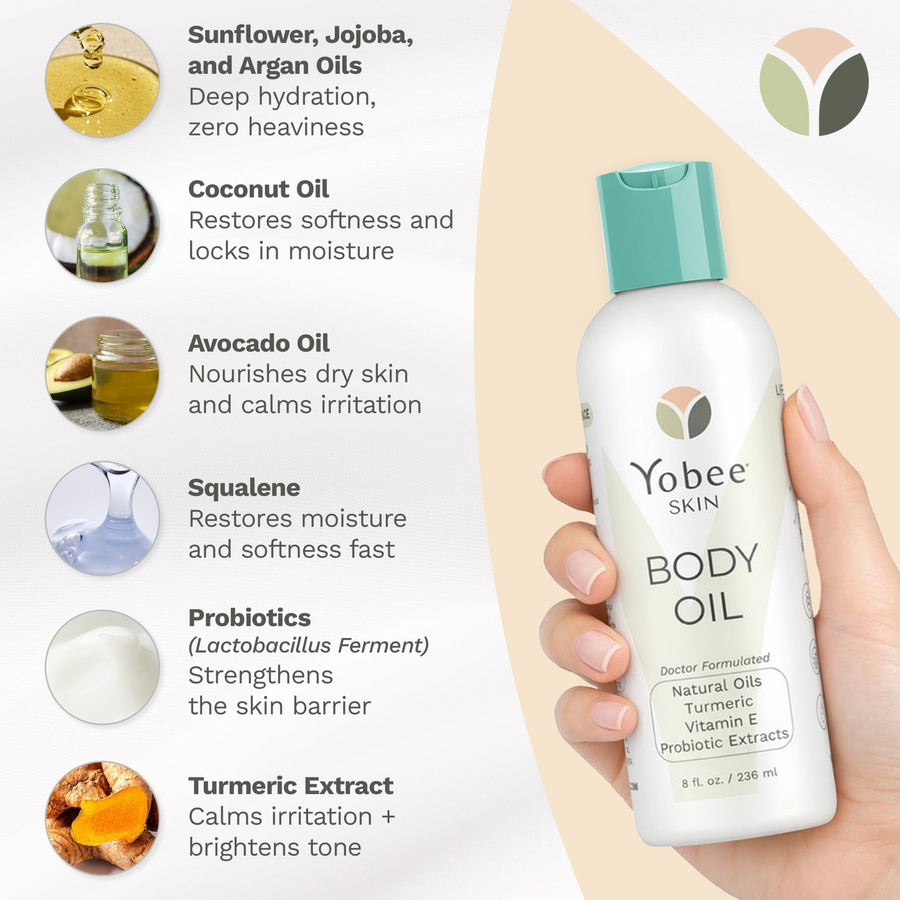Yobee Skin body oil bottle held by a hand with product features listed on the left.